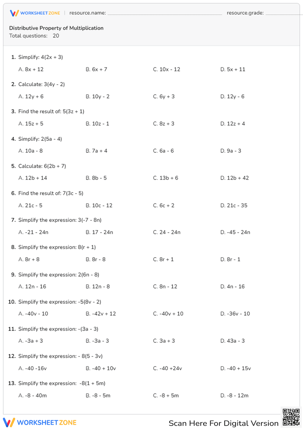 Distributive Property of Multiplication - Page 1
