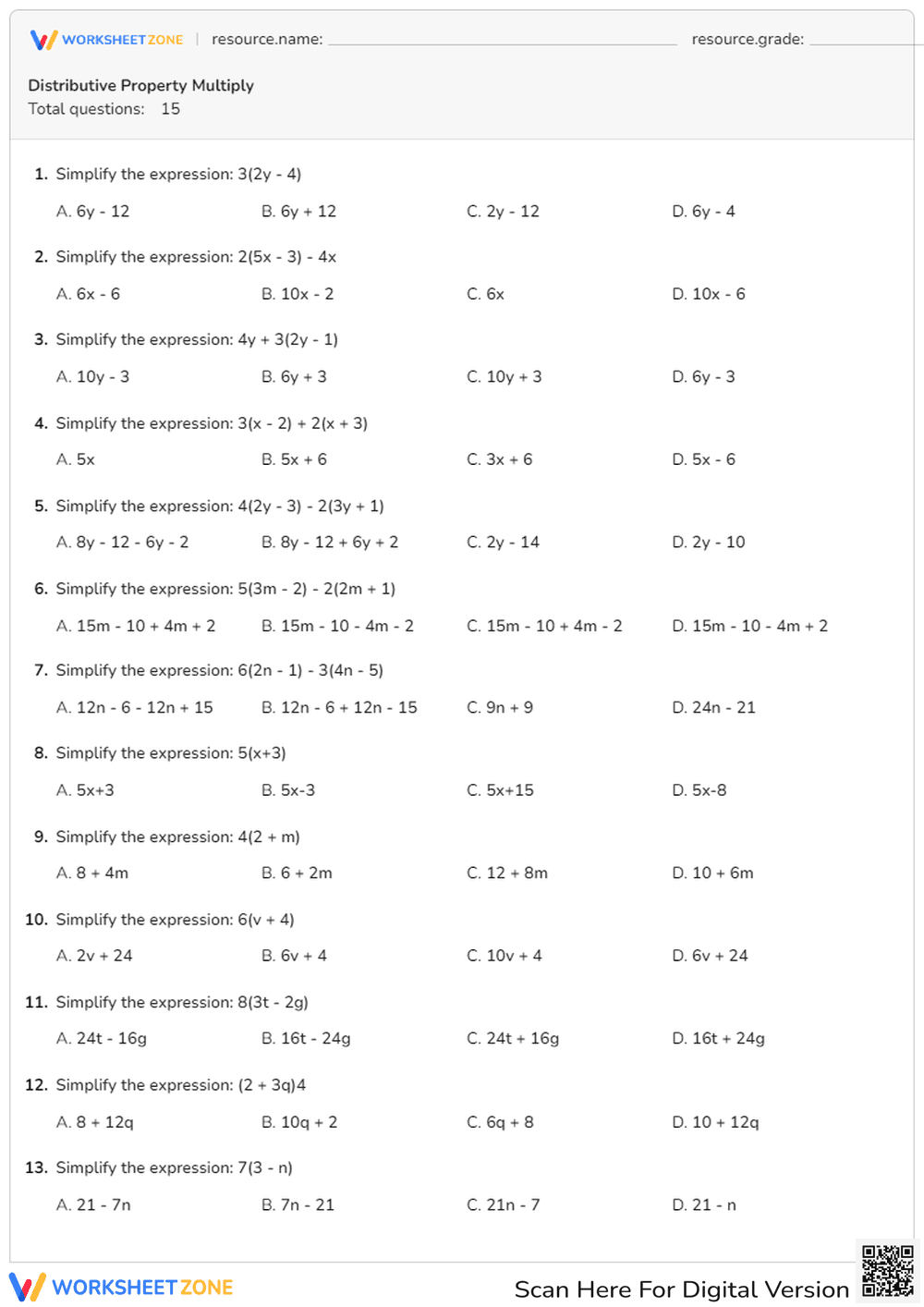 Multiply Expressions Using the Distributive Property - Page 1
