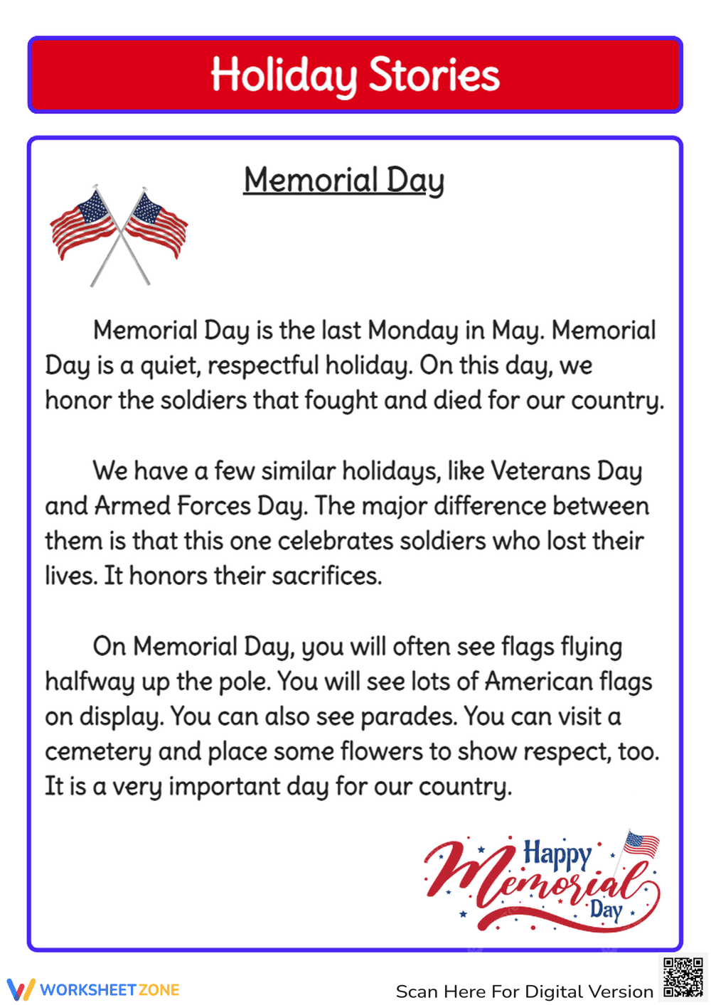 Memorial Day Reading Comprehension - Grades 2-4 Worksheet - Page 1