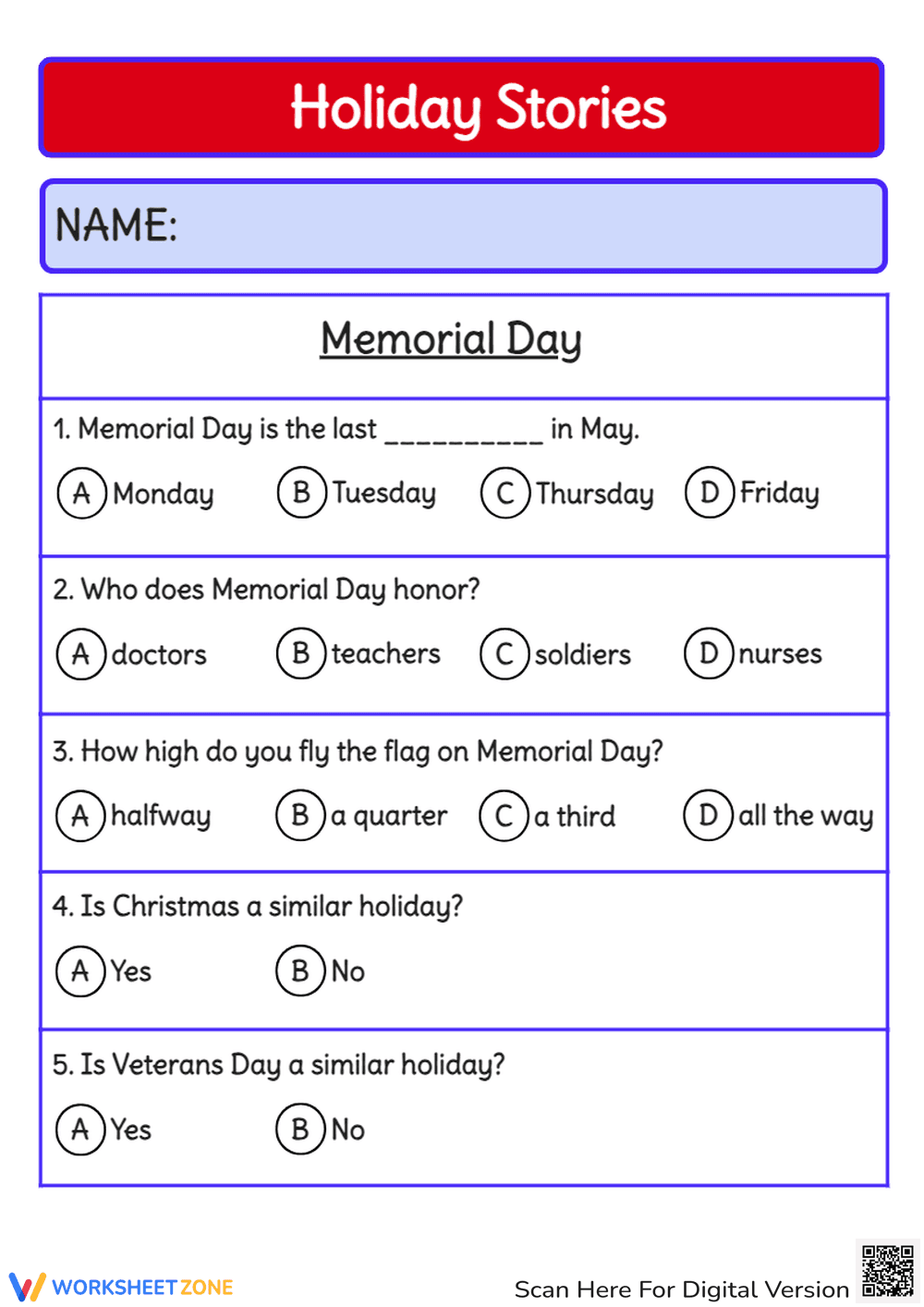 Memorial Day Reading Comprehension - Grades 2-4 Worksheet - Page 2