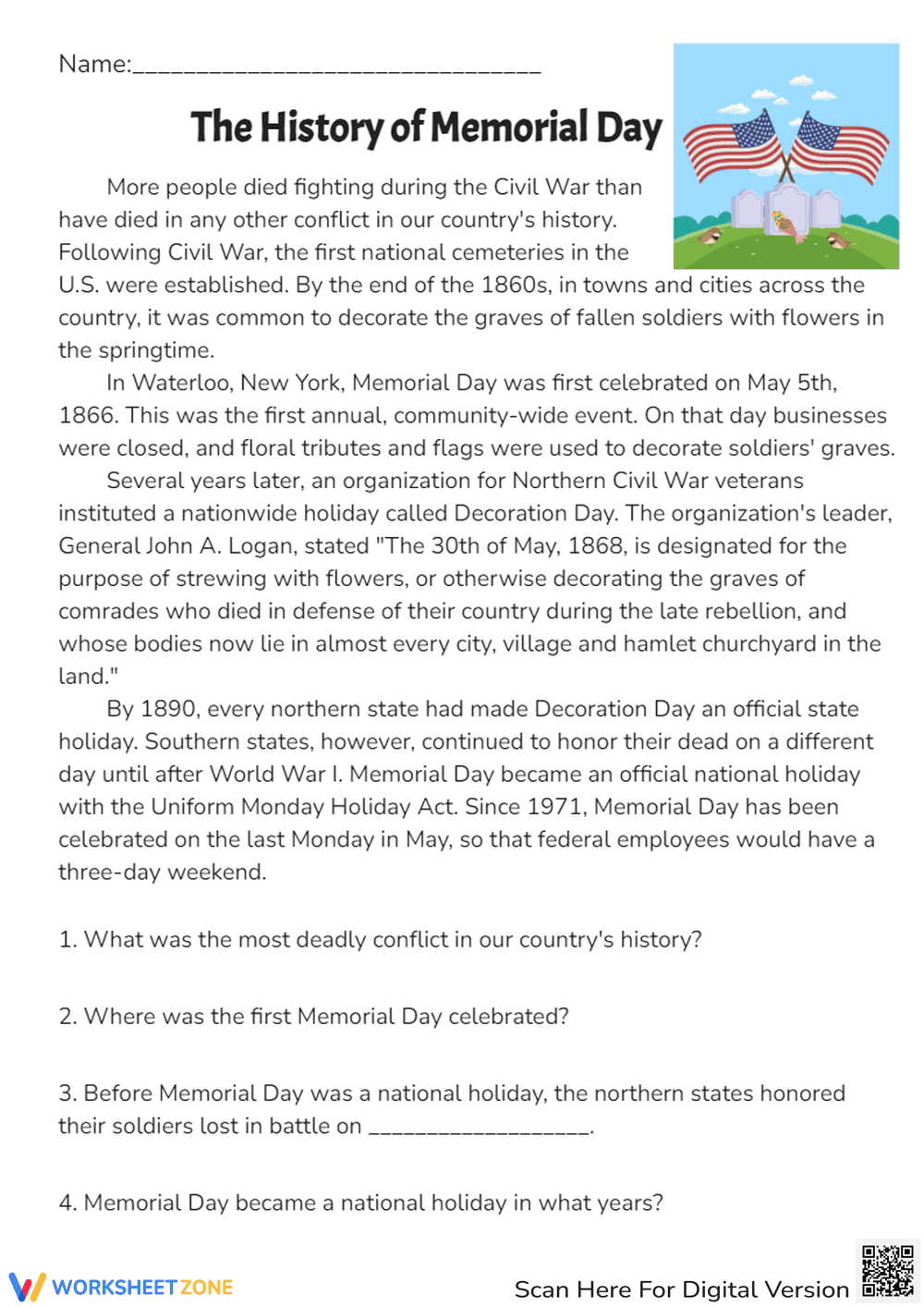Memorial Day History & Comprehension - Printable Worksheet - Page 1