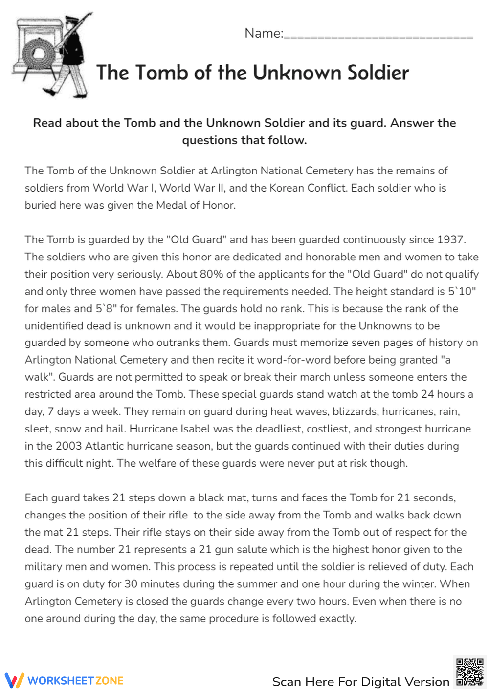 Tomb of the Unknown Soldier - Reading Comprehension Worksheet - Page 1