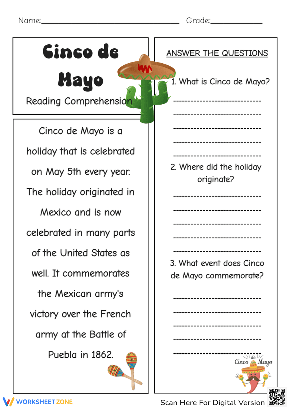 Cinco de Mayo Reading Comprehension - Page 1