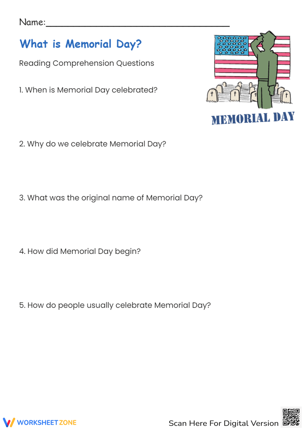 Memorial Day Reading Comprehension - History & Traditions Worksheet - Page 2