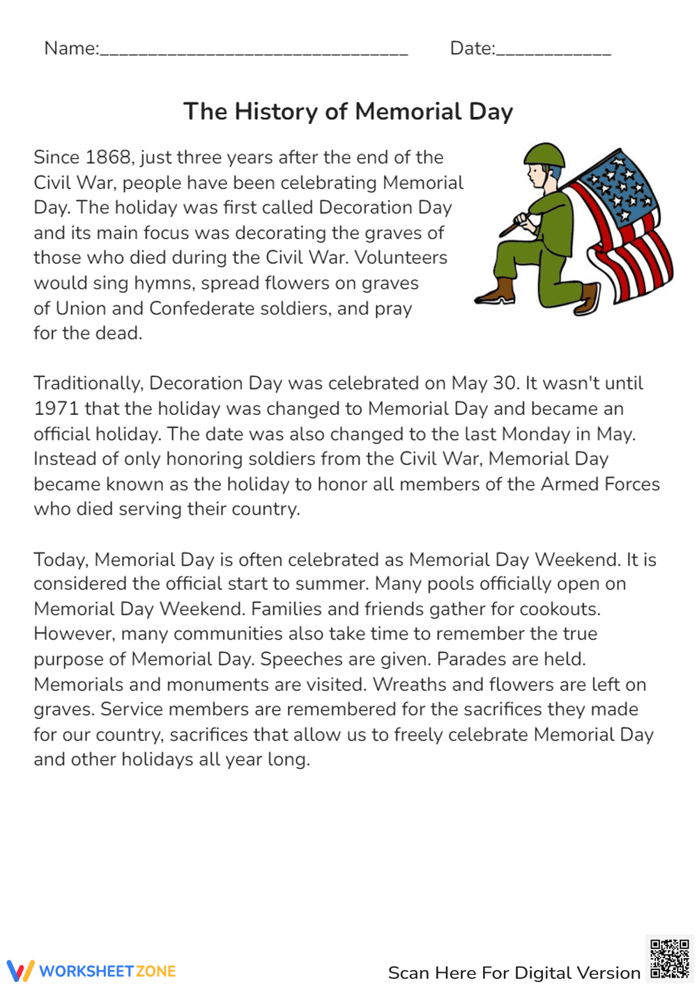Memorial Day History Reading Comprehension - Printable Worksheet - Page 1