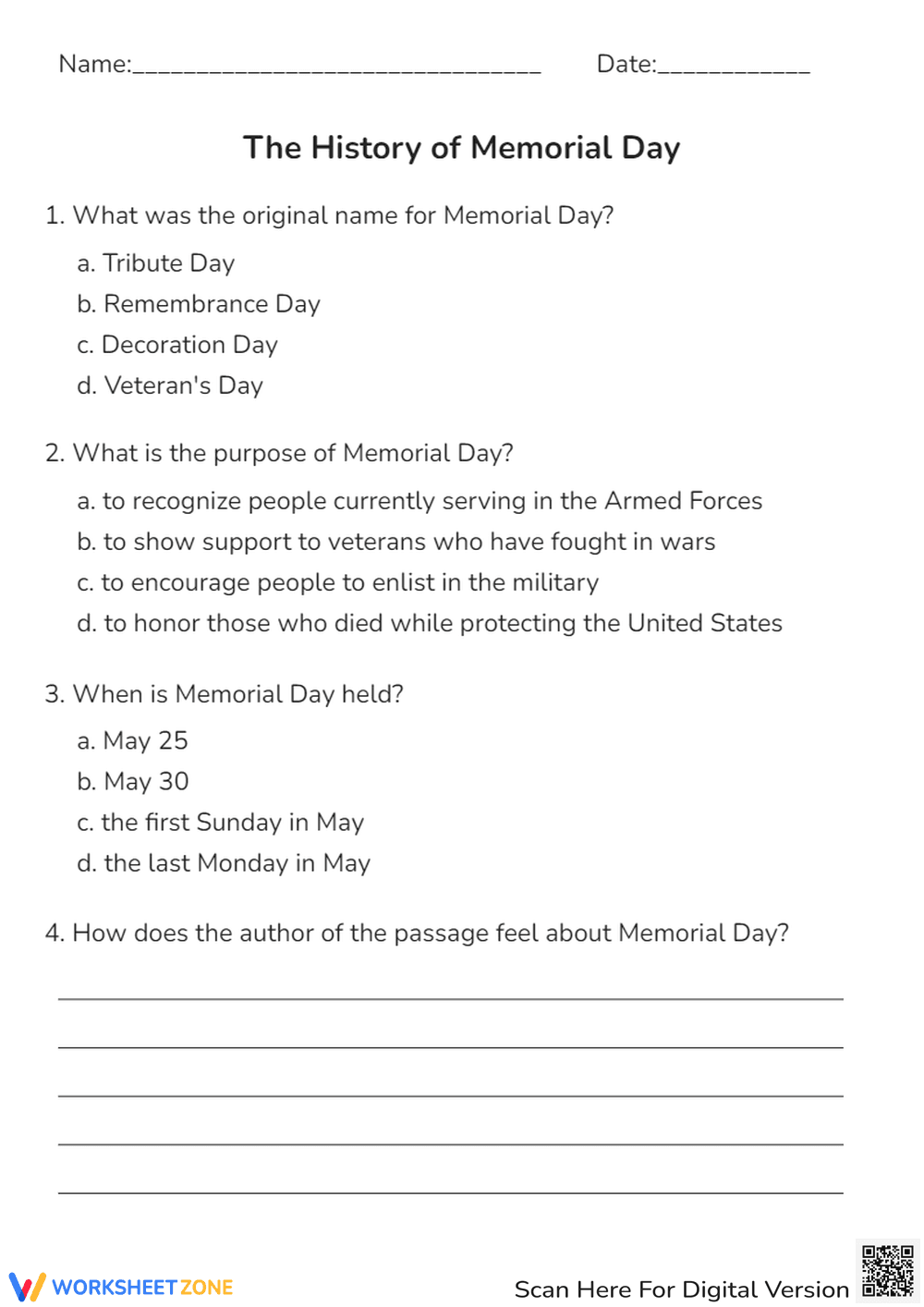 Memorial Day History Reading Comprehension - Printable Worksheet - Page 2