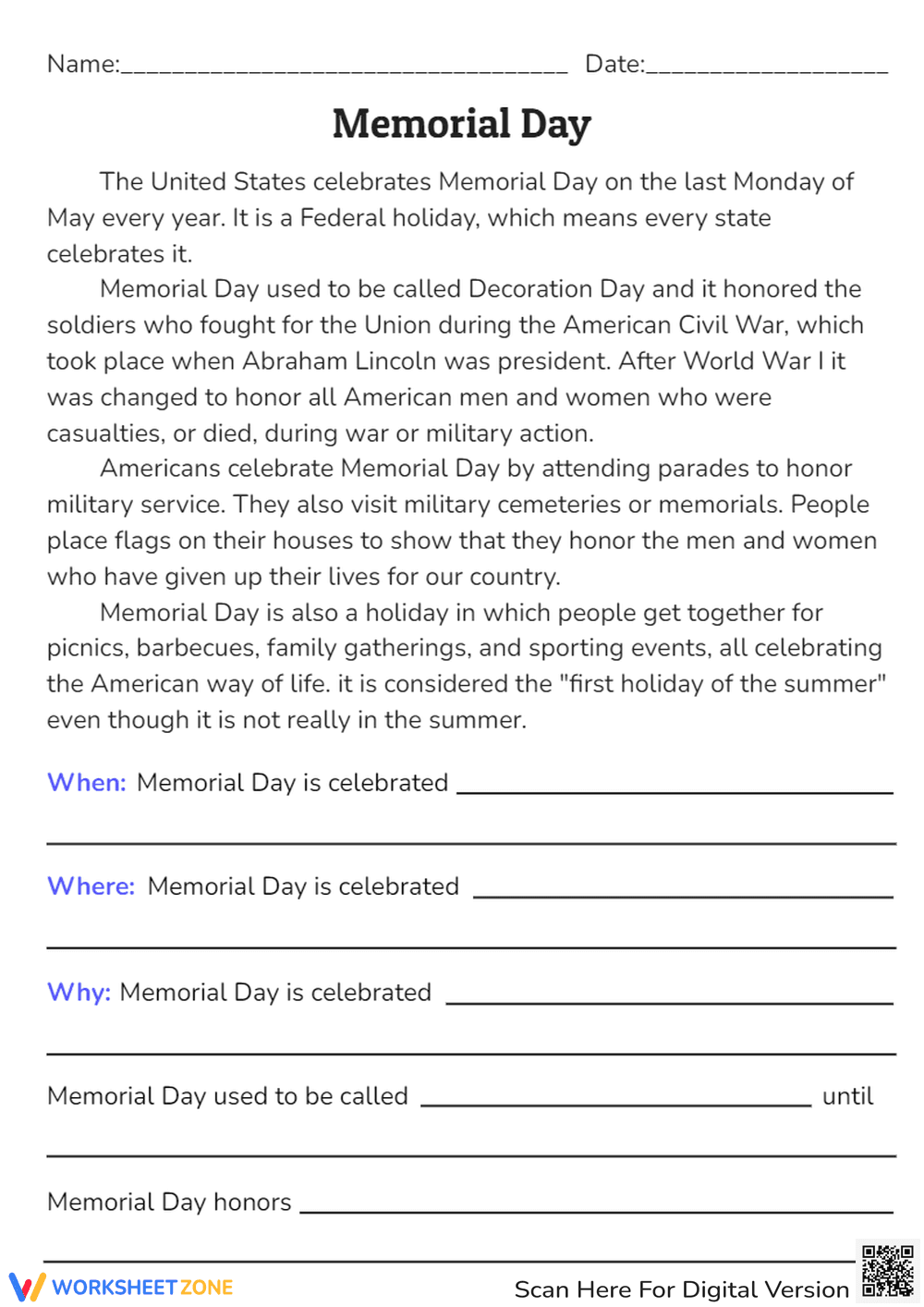 Memorial Day Reading Comprehension - History & Facts Worksheet - Page 1