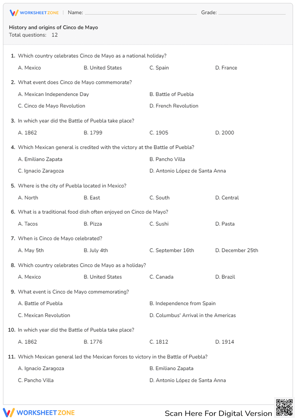Cinco de Mayo History and Quiz Worksheet - Page 1