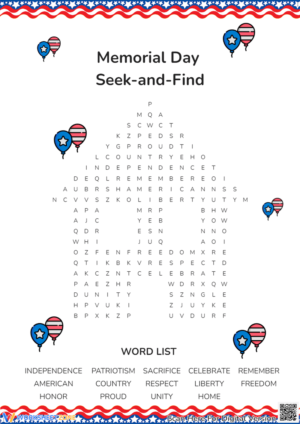 Memorial Day Word Puzzle for Kids - Page 1
