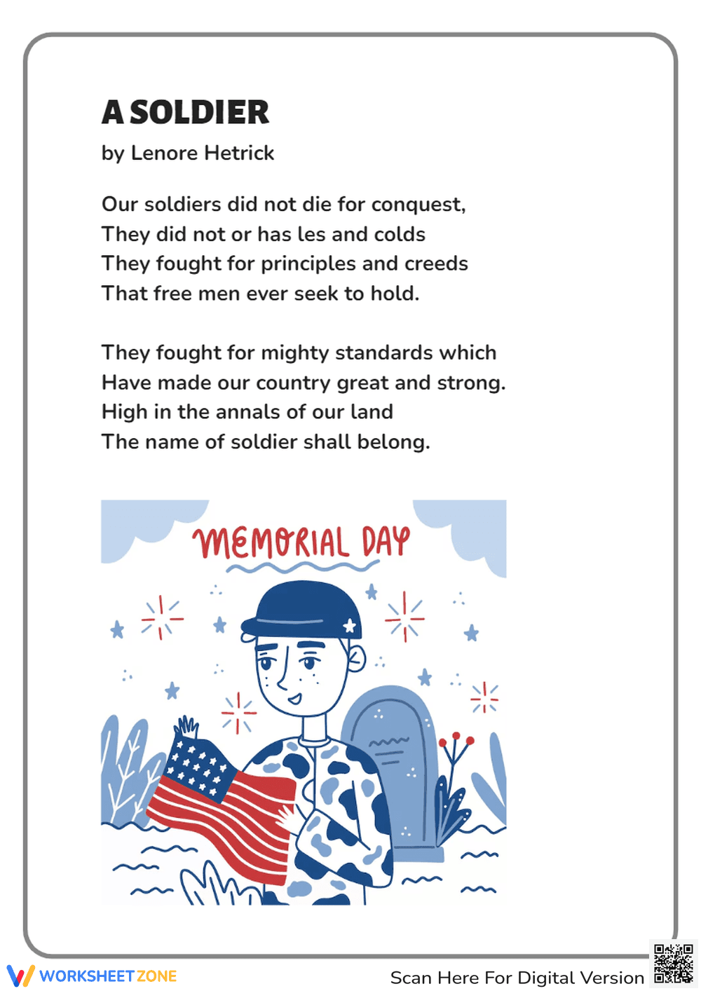 Memorial Day Poem - 'A Soldier' - Grades 3-5 Reading Activity - Page 1