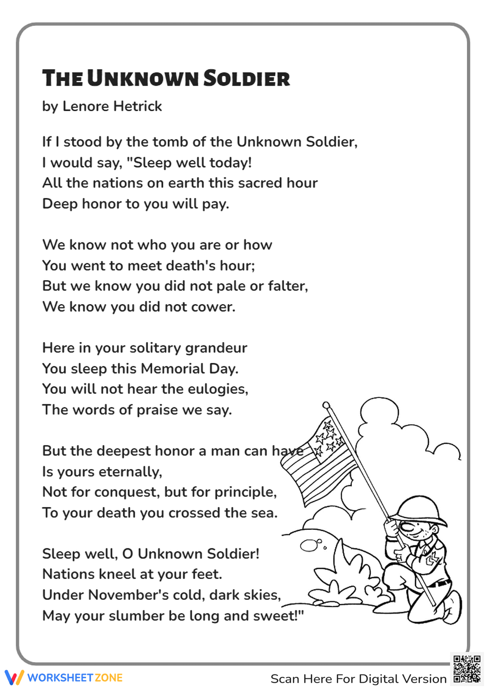 Memorial Day Poem Worksheet: Honoring Soldiers - Page 1