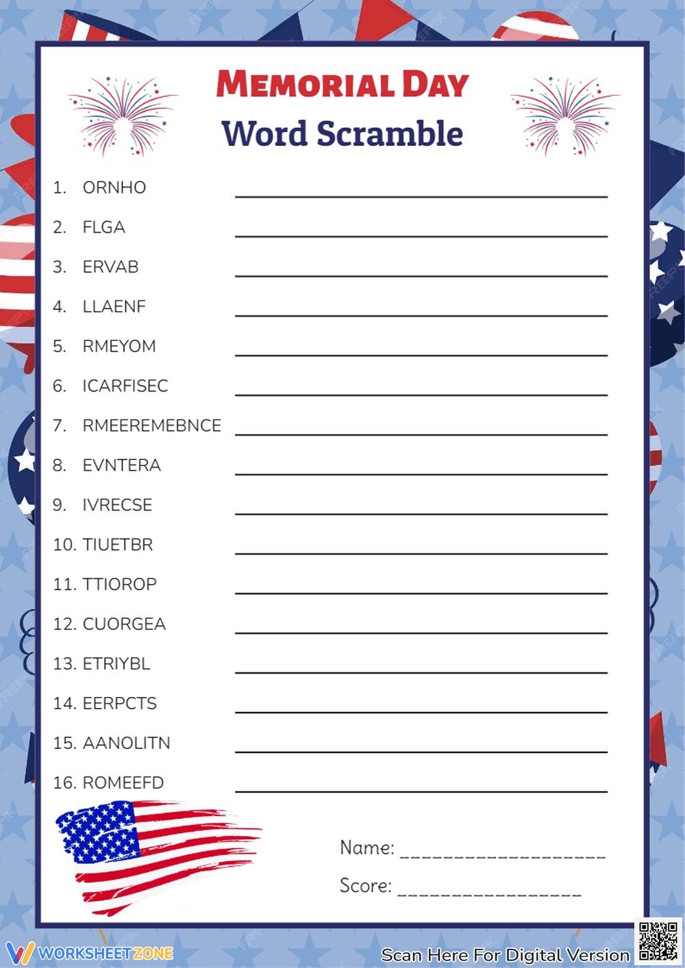Memorial Day Word Scramble - Patriotic Vocabulary Puzzle Fun! - Page 1
