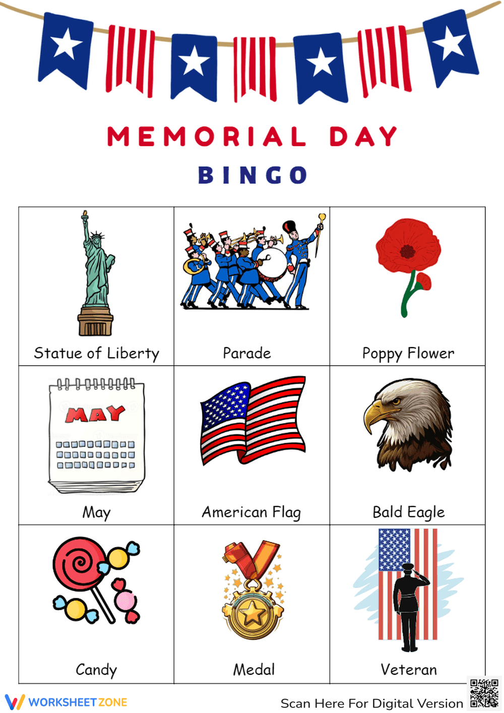 Memorial Day Bingo Game - K-2 Printable Worksheet Activity - Page 1