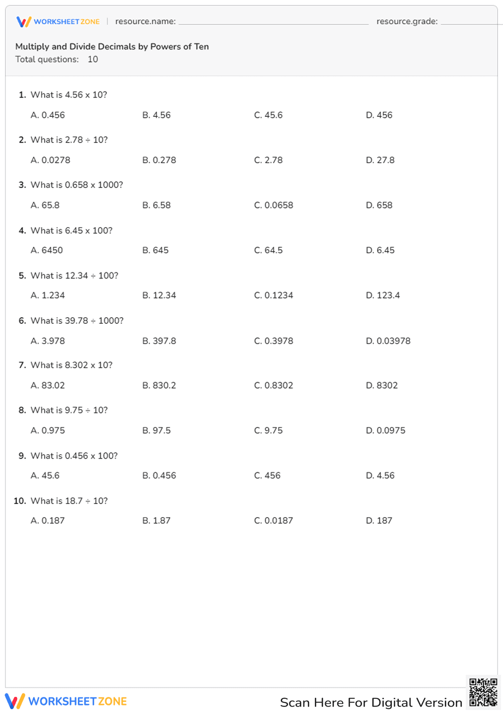 Multiply and Divide Decimals by Powers of Ten - Page 1