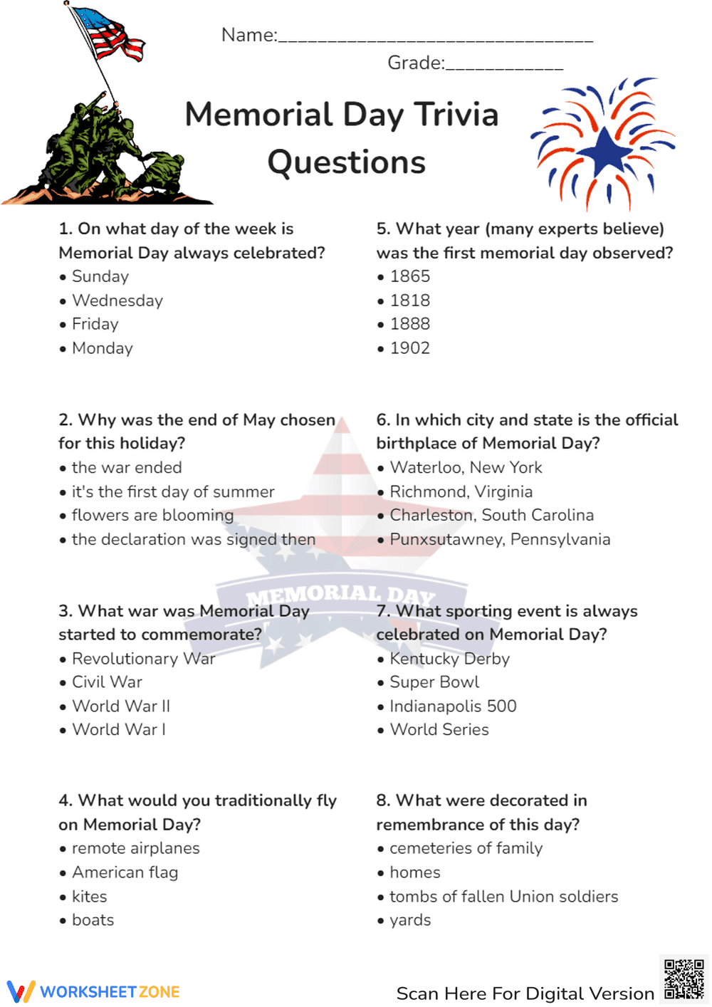 Memorial Day Trivia Questions Worksheet for Learning - Page 1