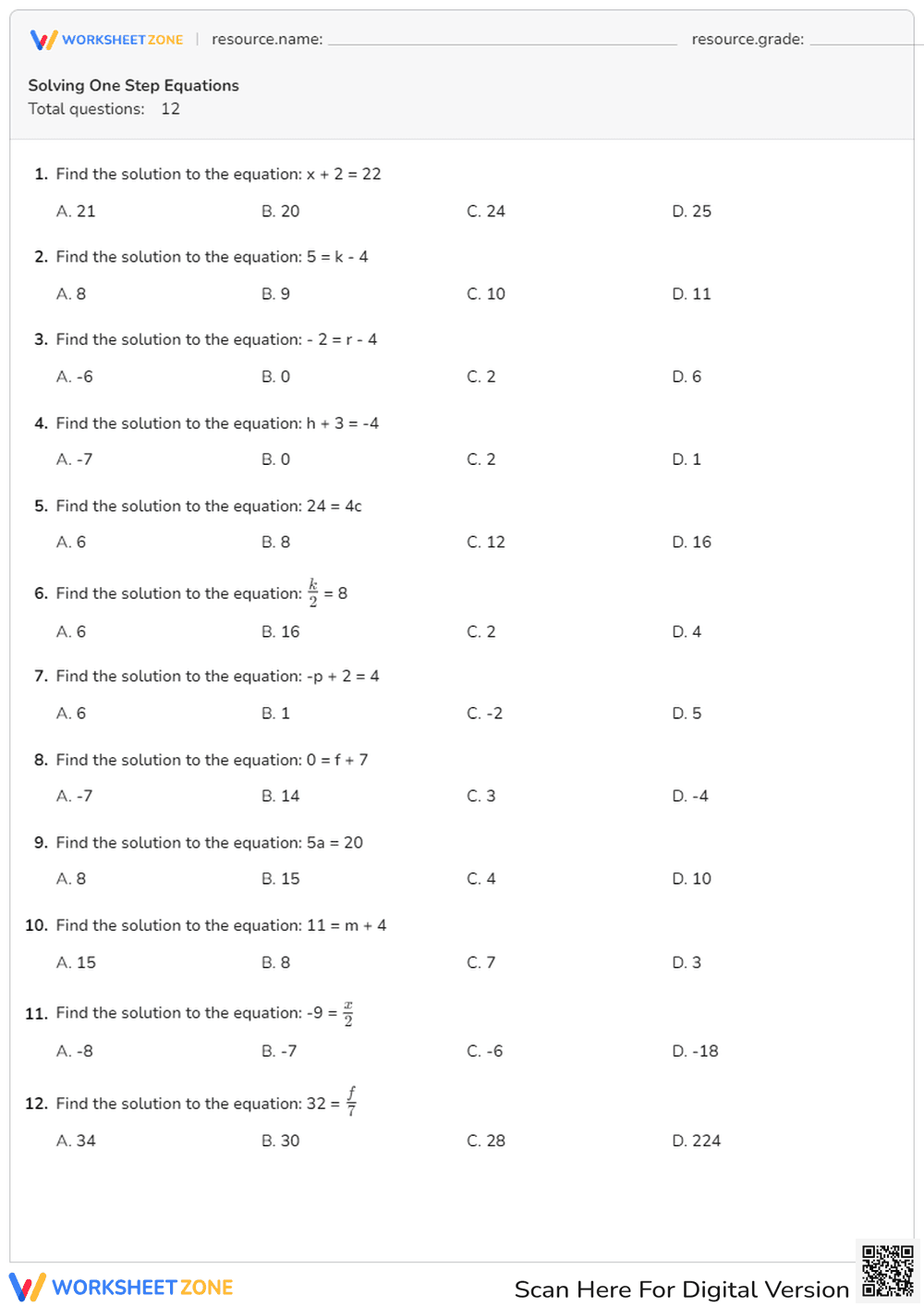 Solving One Step Equations - Page 1