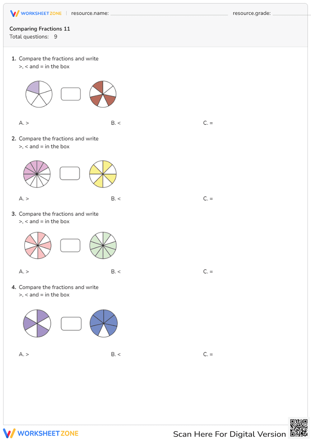 Compare Fractions: Greater Than, Less Than, Equal To - Page 1