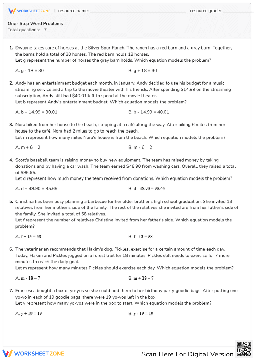 One-Step Equations: Modeling with Word Problems - Page 1