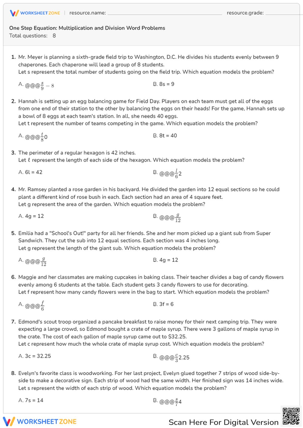 Solve One-Step Equations: Multiplication & Division - Page 1