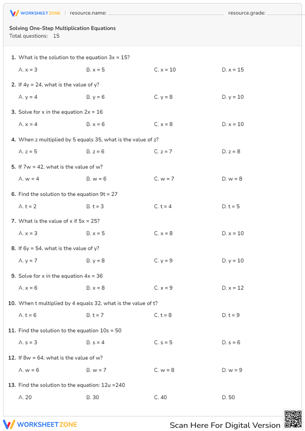 Solving One-Step Multiplication Equations - Page 1
