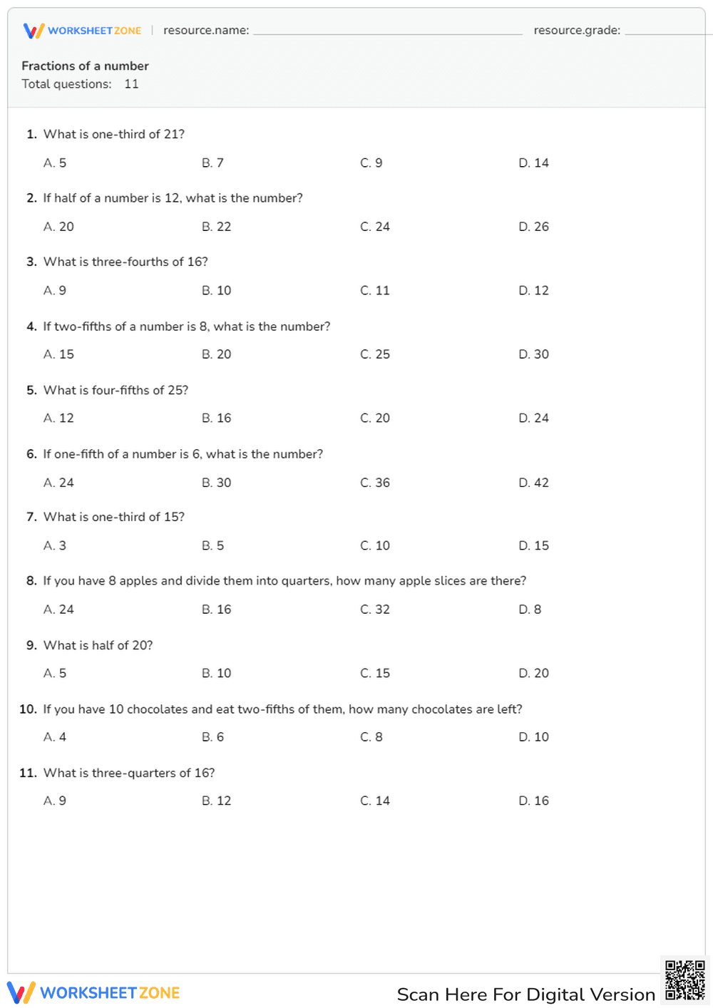 Finding Fractions of a Number - Page 1