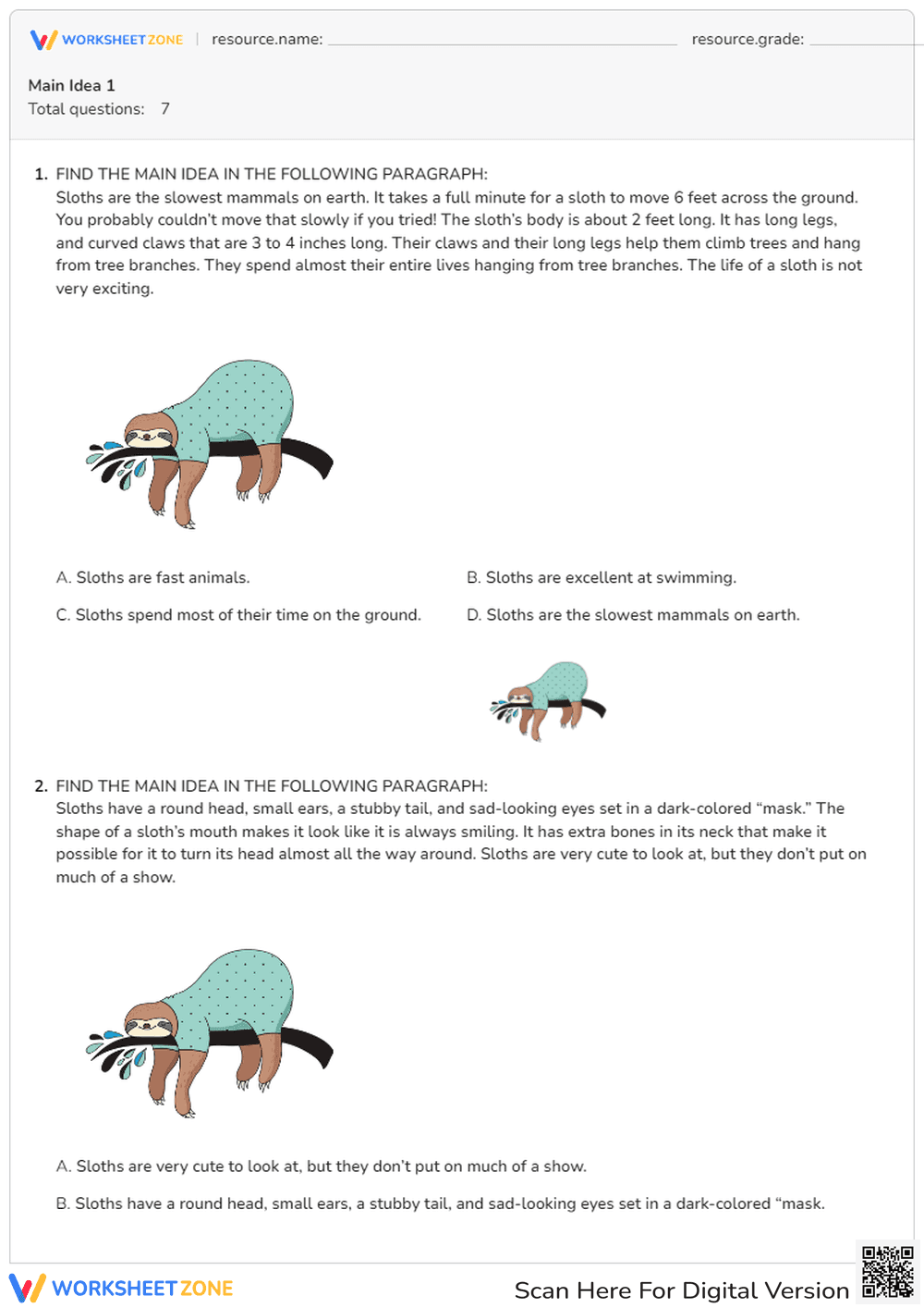 Main Idea Worksheet: Fun Facts About Sloths - Page 1