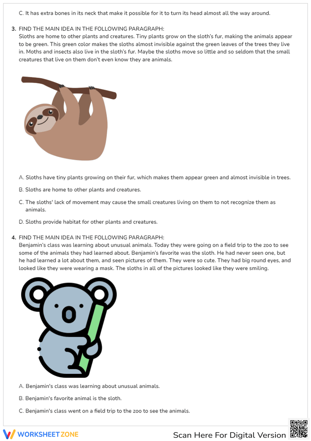 Main Idea Worksheet: Fun Facts About Sloths - Page 2