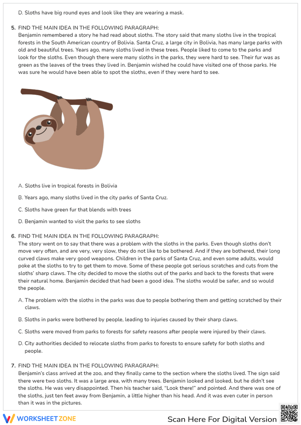 Main Idea Worksheet: Fun Facts About Sloths - Page 3