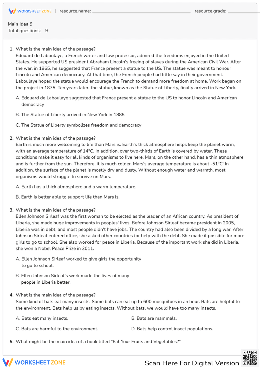 Determining the Main Idea in Various Passages - Page 1
