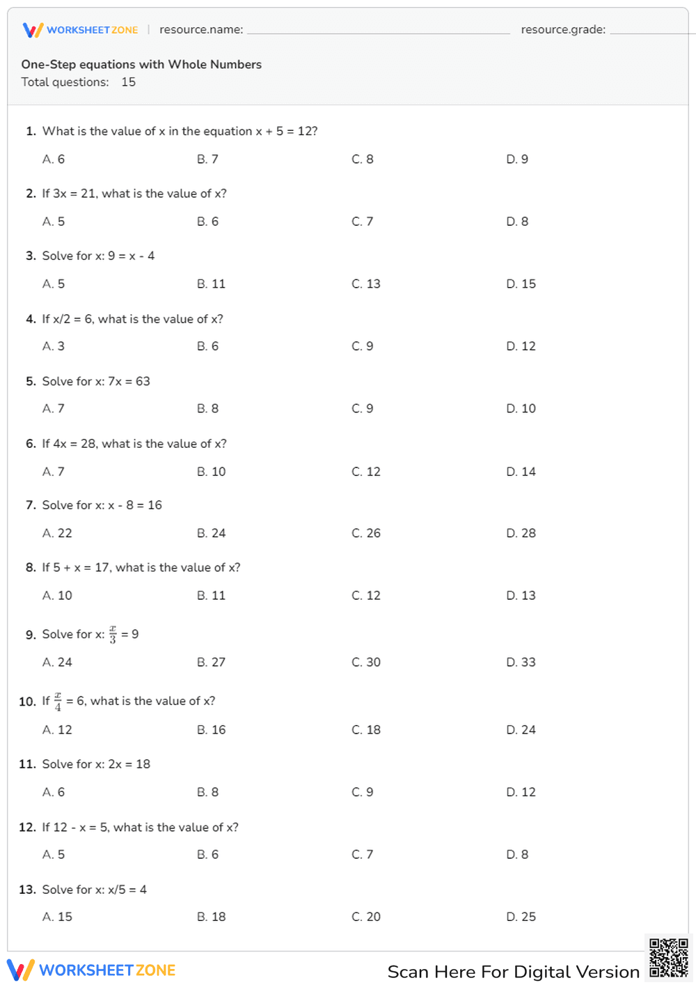 Solve One-Step Equations with Whole Numbers - Page 1