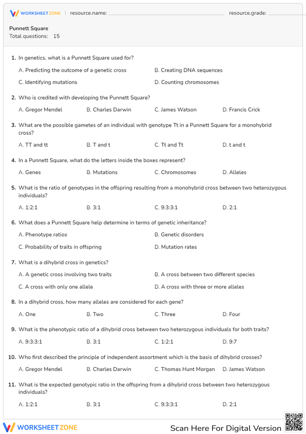 Punnett Square Practice - Monohybrid Squares - Page 1