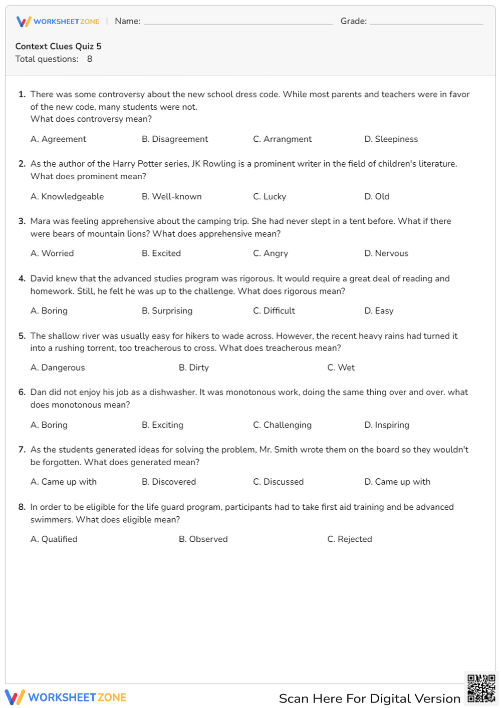 Context Clues Quiz: Vocabulary in Context - Page 1