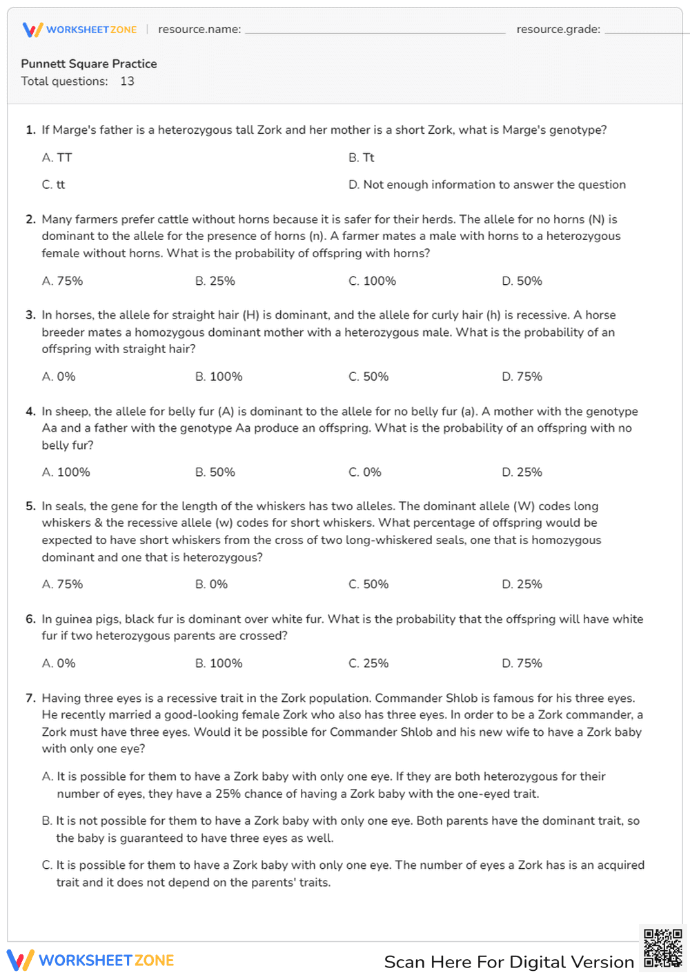 Punnett Square Practice - Page 1