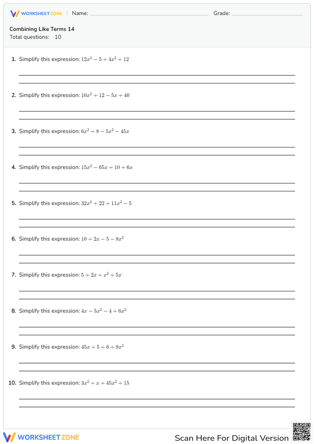 Combine Like Terms: Algebraic Simplification - Page 1