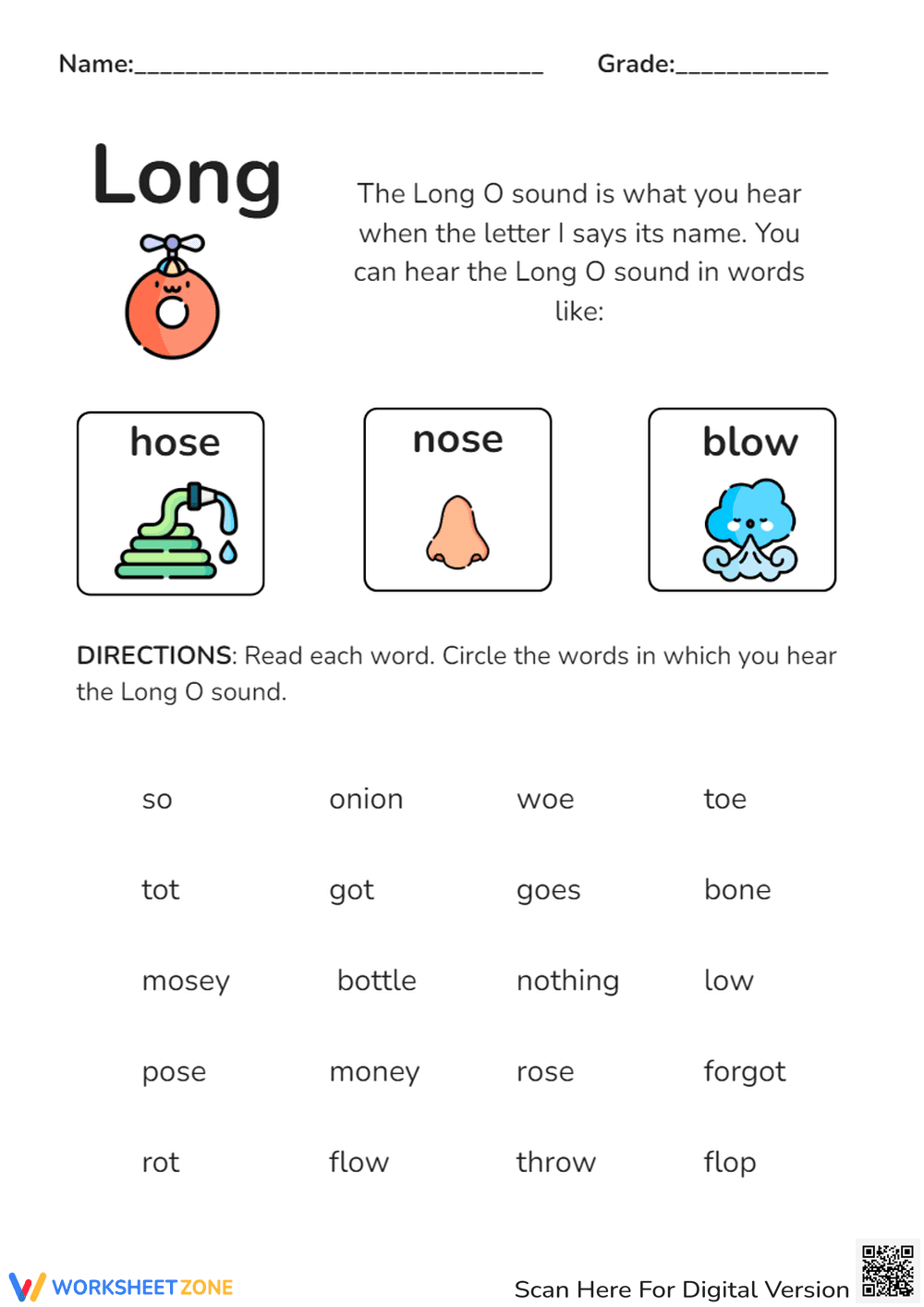Long O Sound Phonics Worksheet - Circle the Words! (K-1) - Page 1