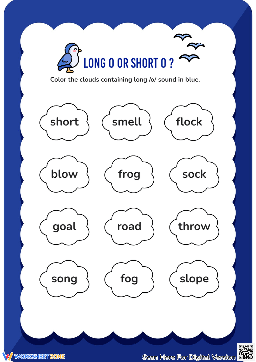 Long & Short O Sounds: Phonics Worksheet - Color the Clouds! - Page 1