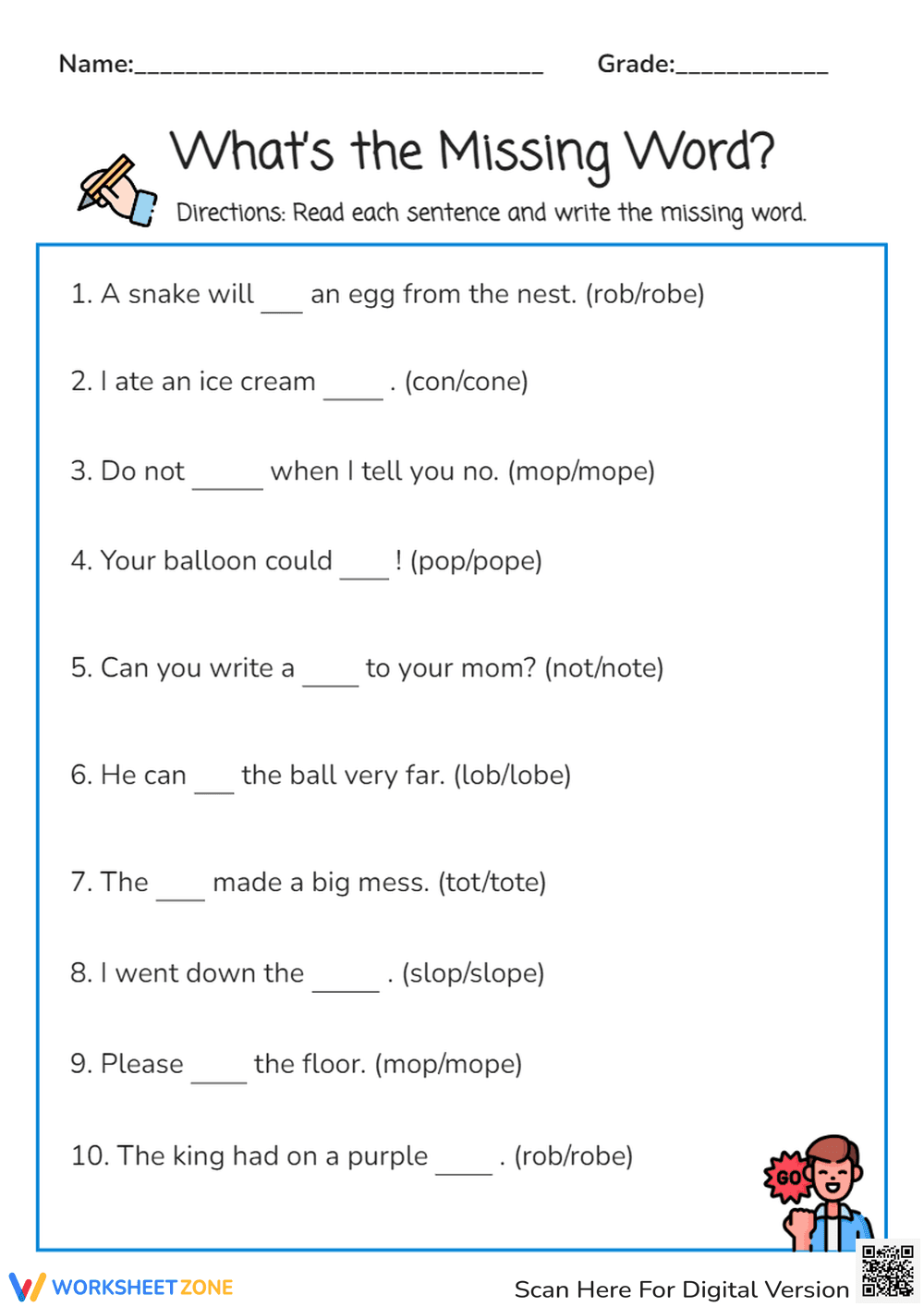 Missing Long O Words Worksheet - Page 1