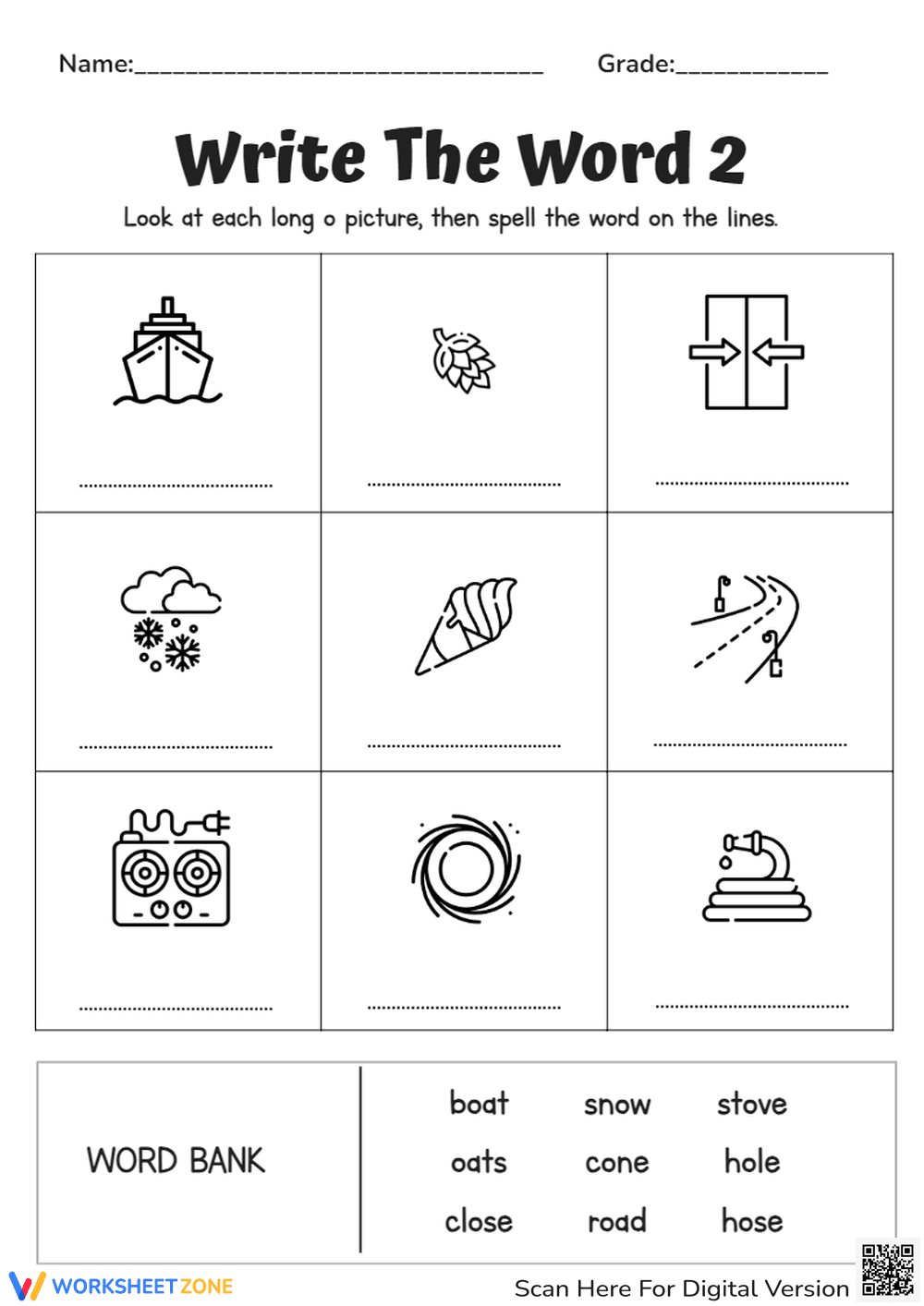 Practice Writing Long O Vowel Words - Page 1