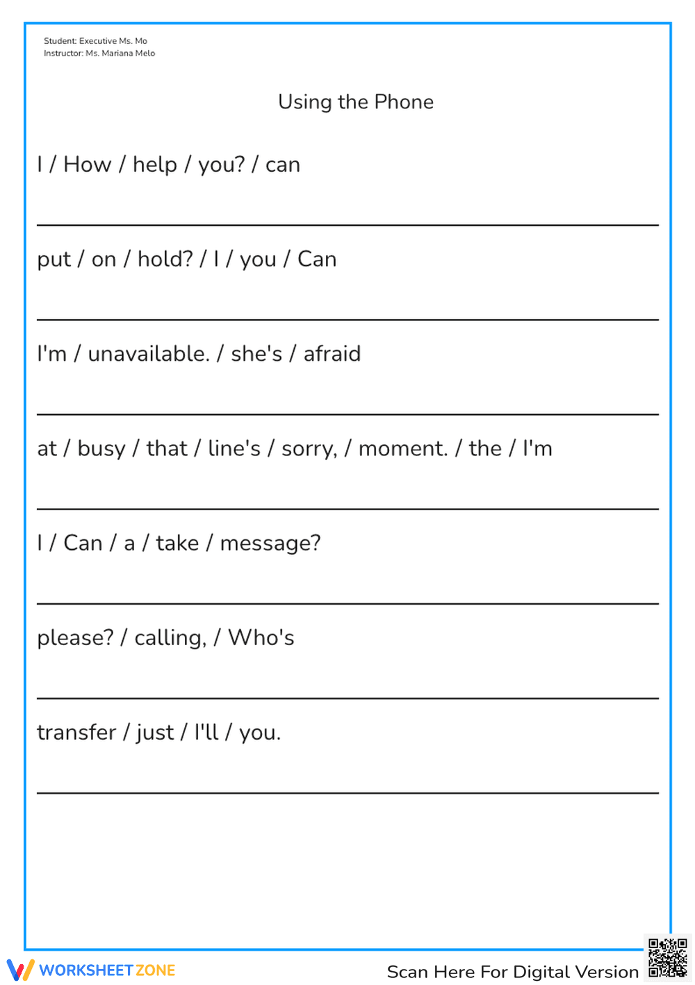 Using the Phone' Skills Worksheet - Telephone Etiquette Practice - Page 1