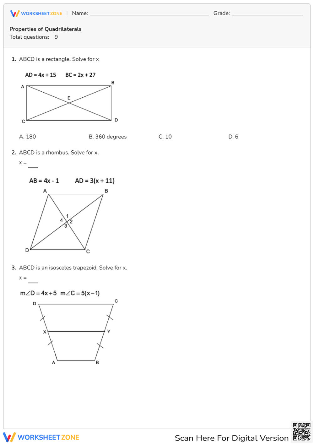 Quiz on Properties of Quadrilaterals, Including Rectangles - Page 1