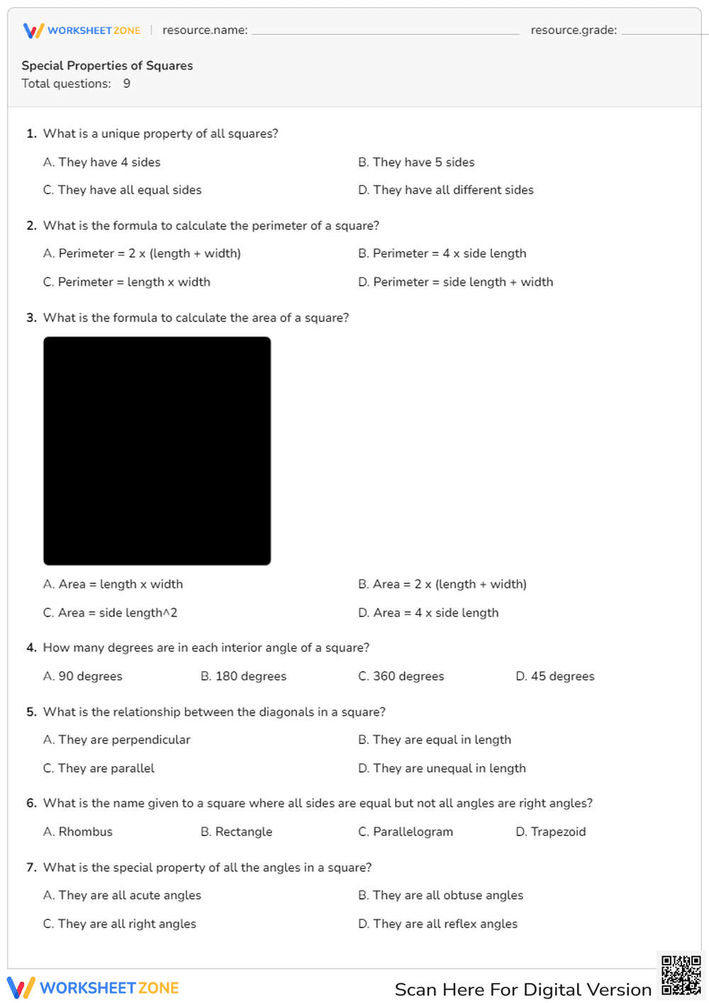 Quiz: Special Properties of Squares - Area, Perimeter, Angles - Page 1