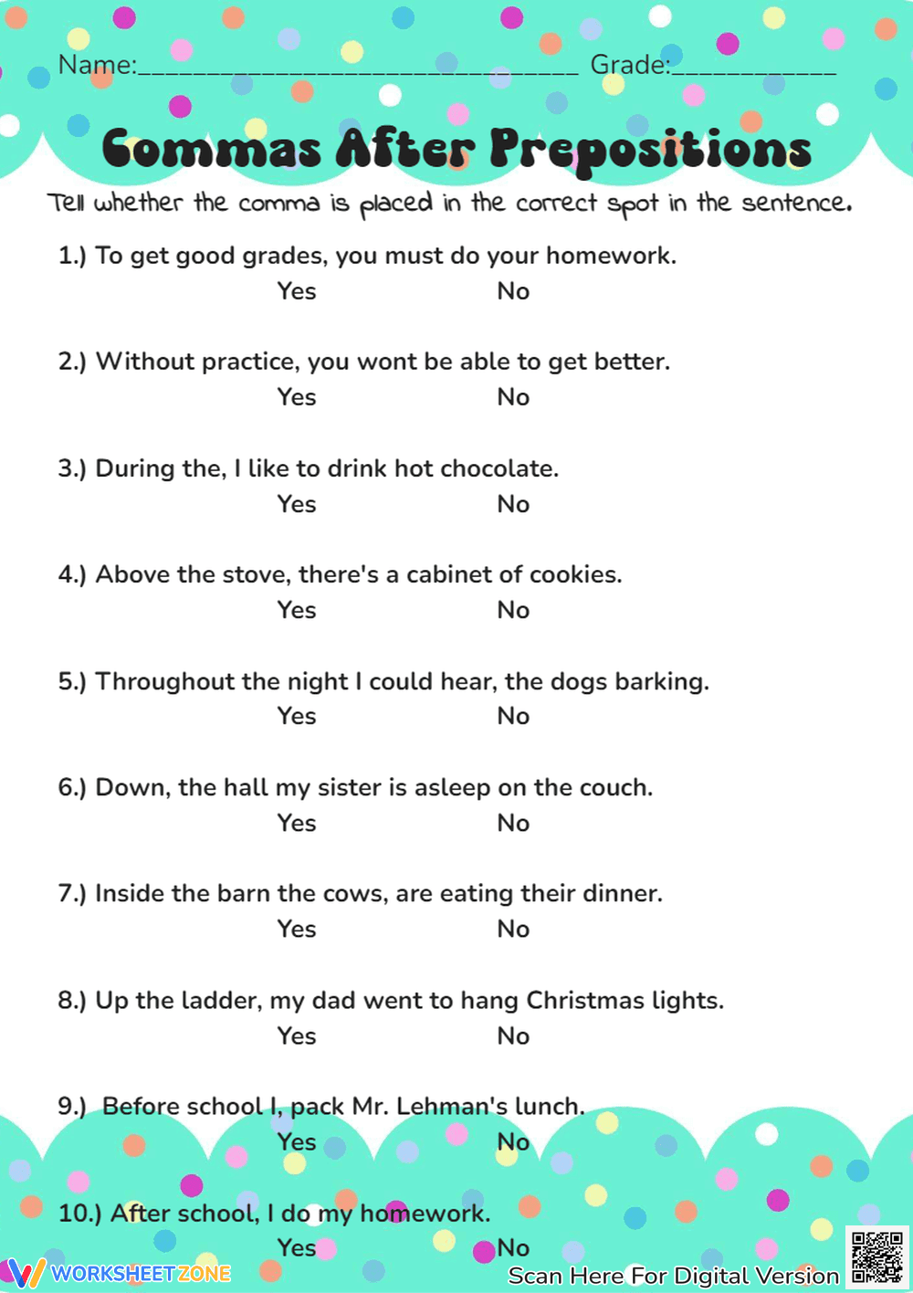 Commas After Prepositions Worksheets - Page 1