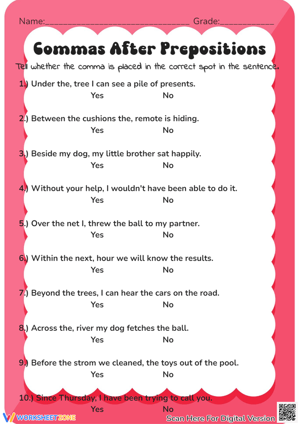 Commas After Prepositions Worksheets - Page 2