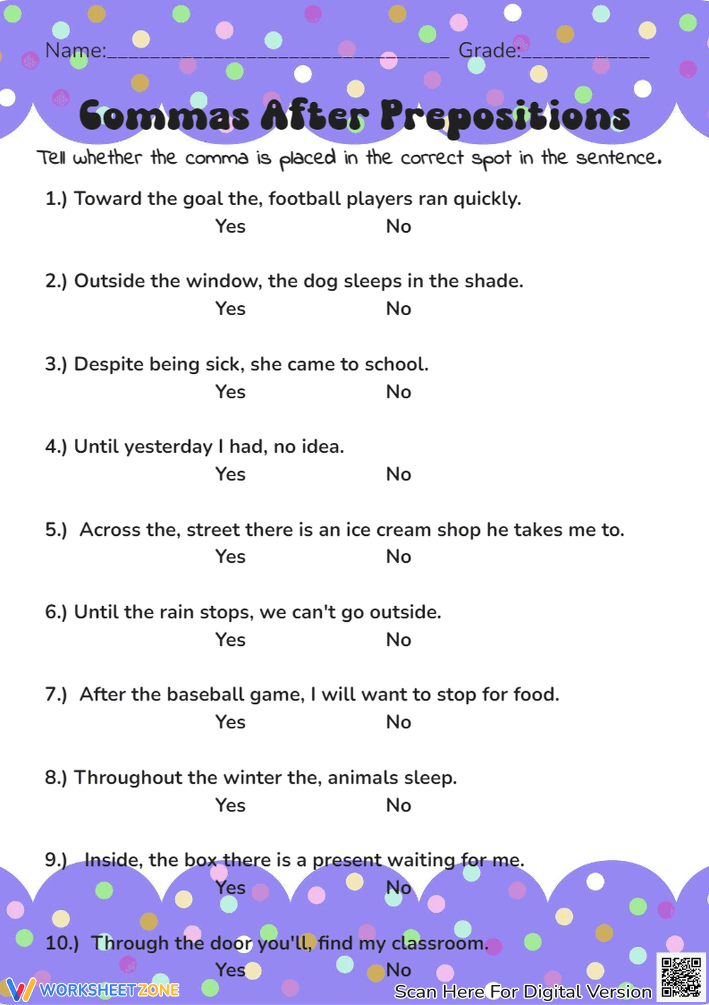 Commas After Prepositions Worksheets - Page 3