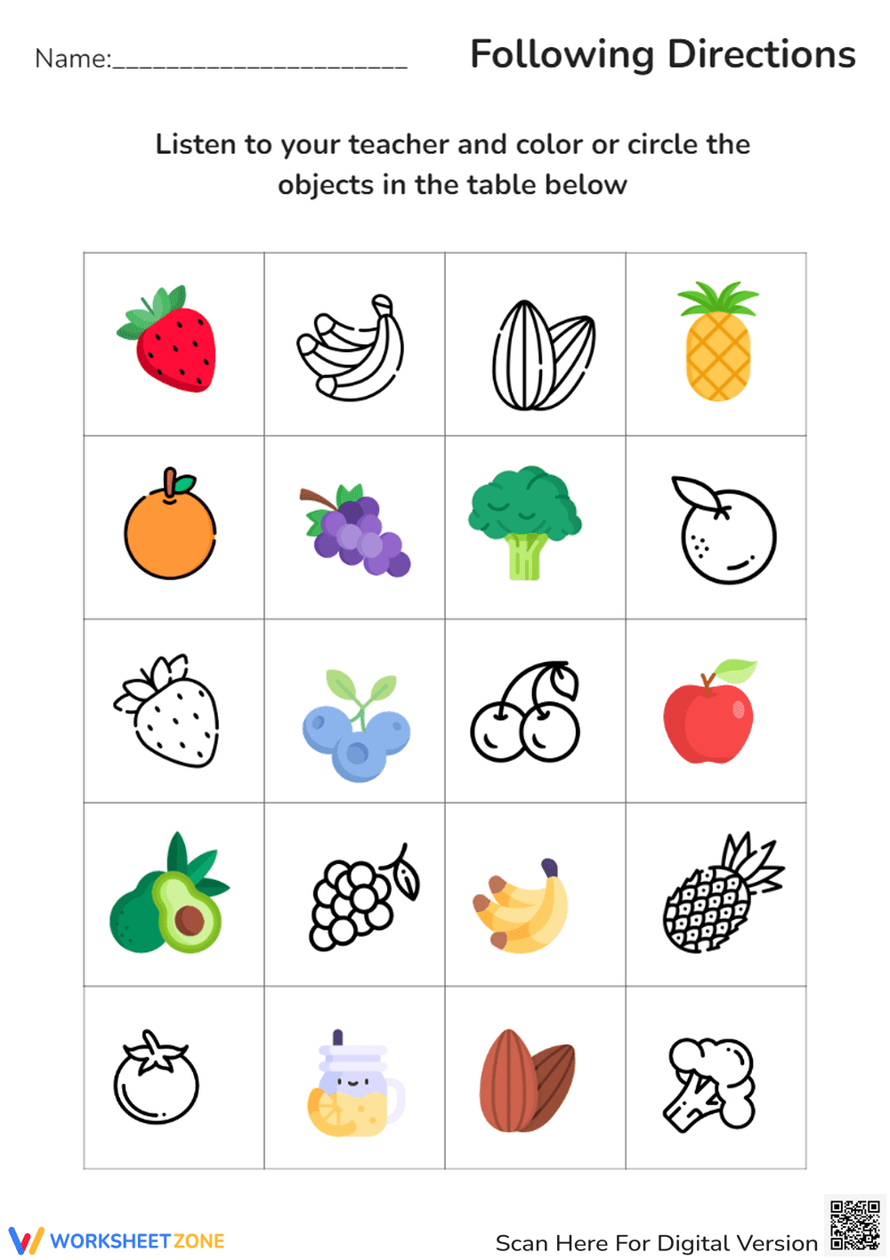 Fruits & Veggies: Following Directions - Listen & Color! (Pre-K) - Page 1