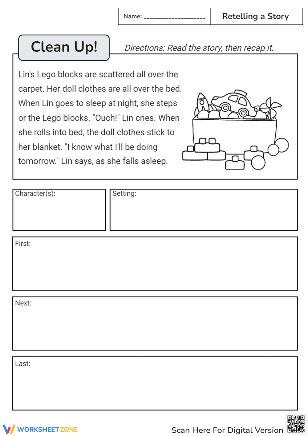 Clean Up!' Story Retelling Worksheet - Reading Comprehension - Page 1