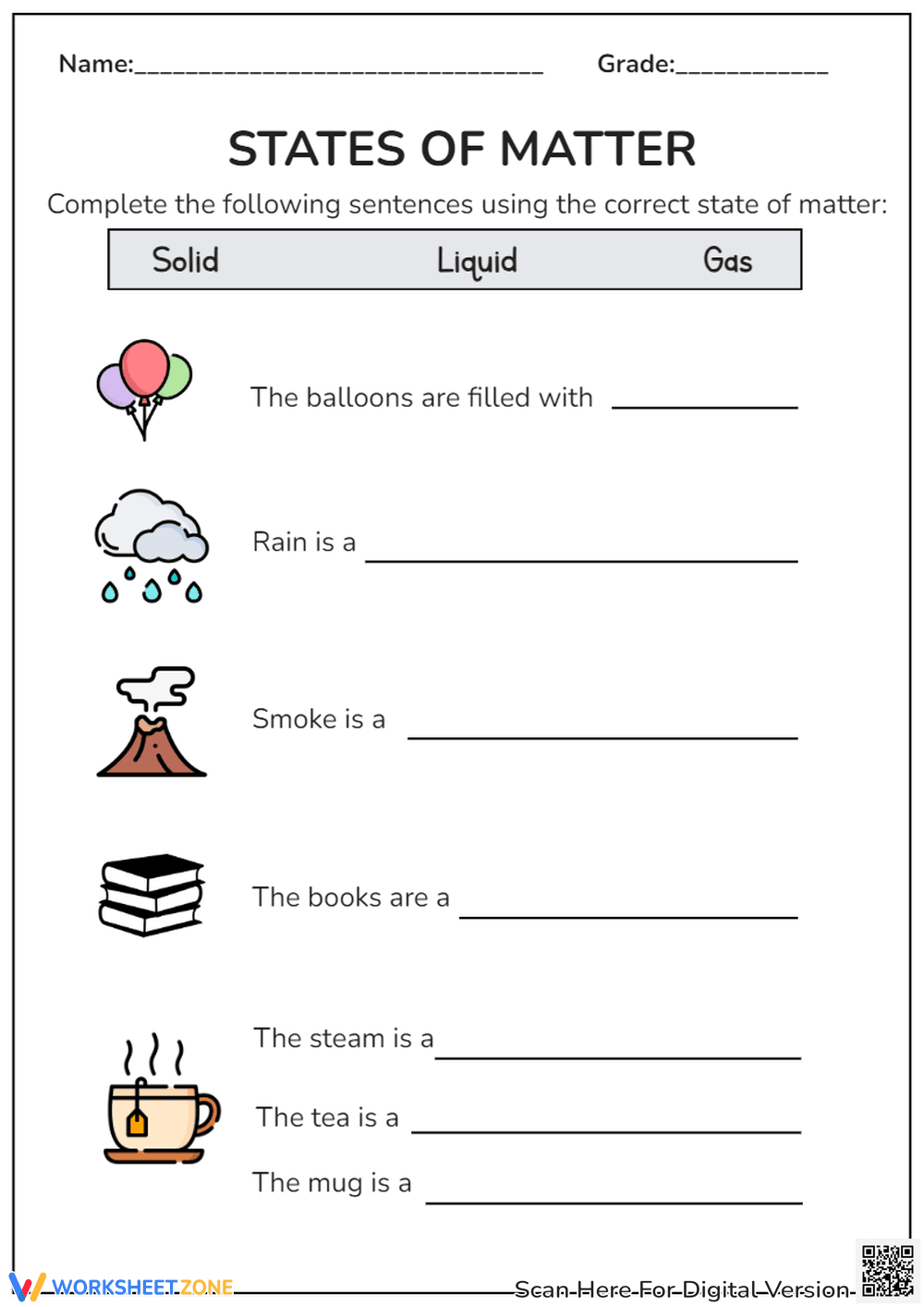 States of Matter: Solid, Liquid, Gas - Science Worksheet for Kids - Page 1