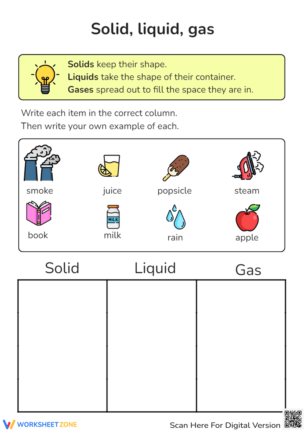 Solid, Liquid, Gas Sort - States of Matter Science Worksheet - Page 1