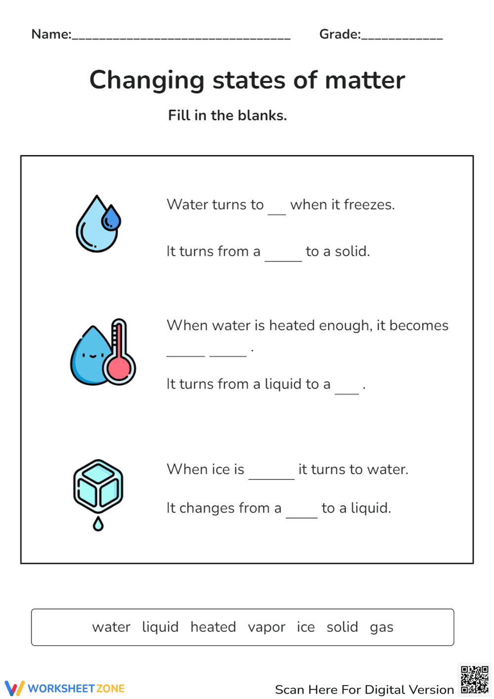 States of Matter: Fill-in-Blanks - Water, Ice, Vapor Worksheet - Page 1