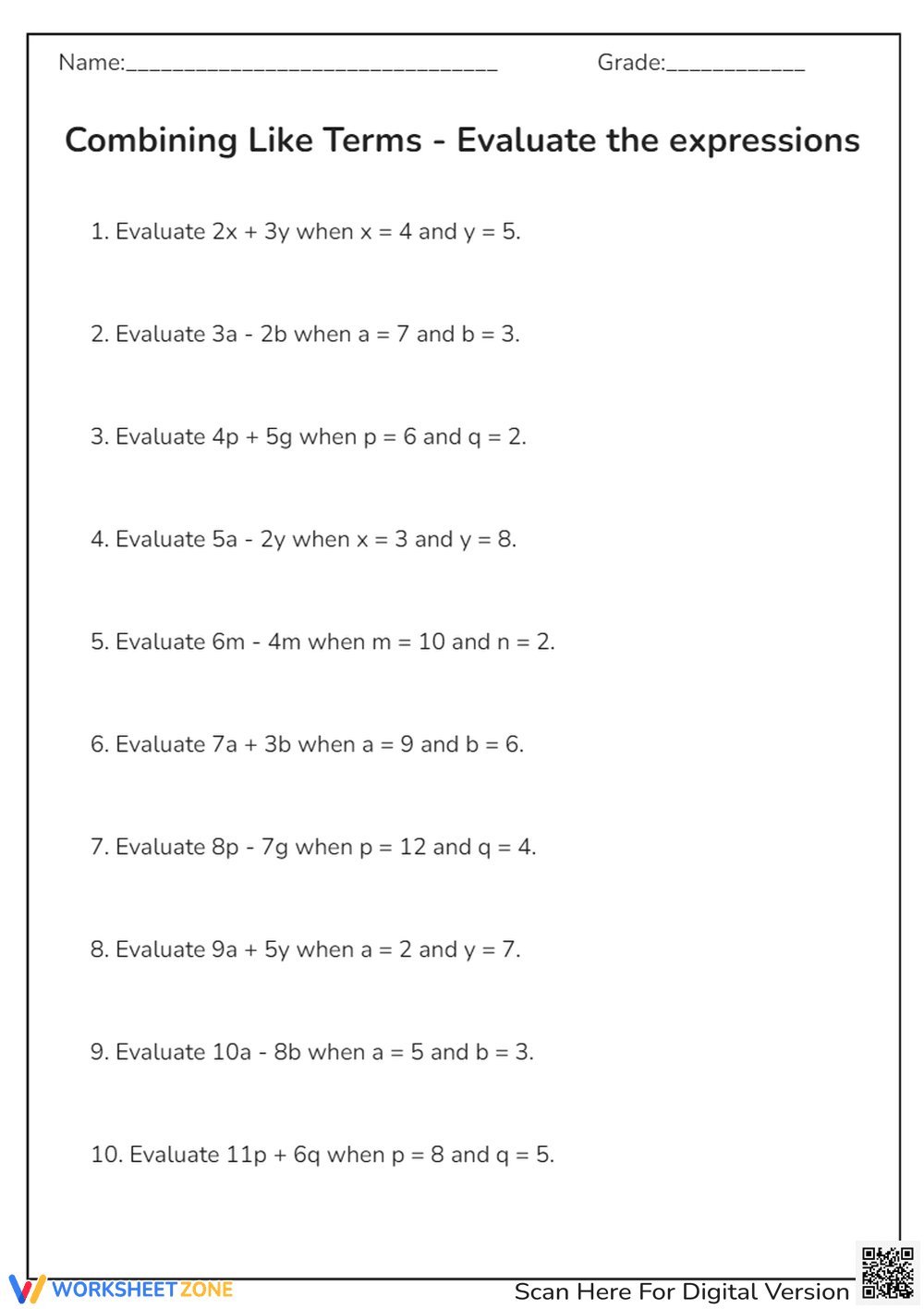 Algebra: Evaluate Expressions with Variables Worksheet - Page 1